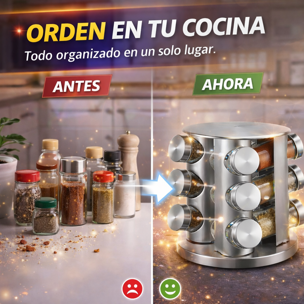 ¡Organiza tu cocina en segundos! Especiero Giratorio 360° con 12 Frascos