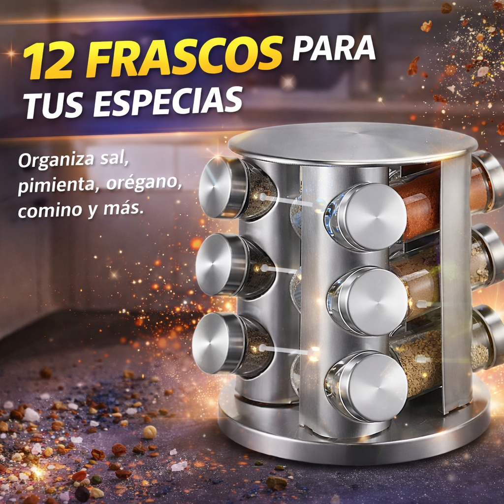 ¡Organiza tu cocina en segundos! Especiero Giratorio 360° con 12 Frascos
